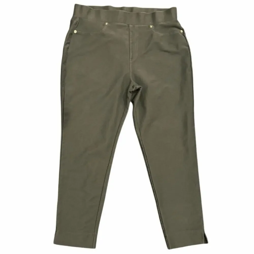 Michael Kors Olive Green Stretch Ankle Pants L NWOT Stud Pocket Slit Hem